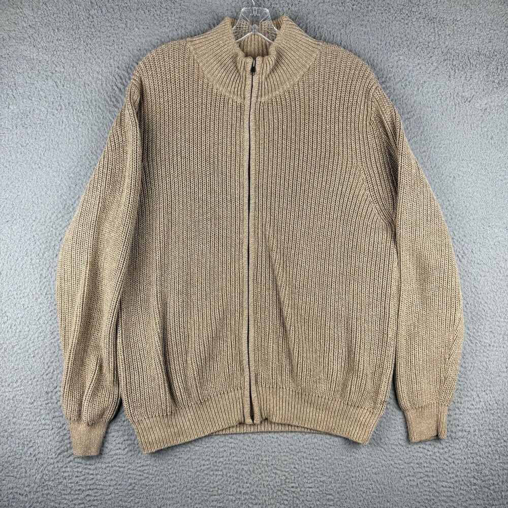 L.L. Bean Knit Full Zip Mock Neck Sweater Men's Large Beige Cotton Regular Fit
